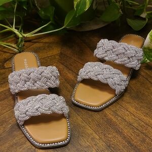 Madden Girl Piaa square toe chunky strap Beaded slide Sandals